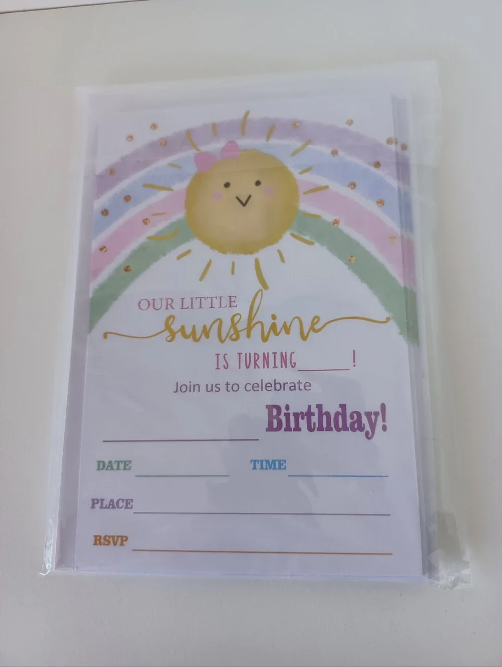 Nine Birthday Party Invitations Sun Rainbow With Thirteen White Envelopes Invite